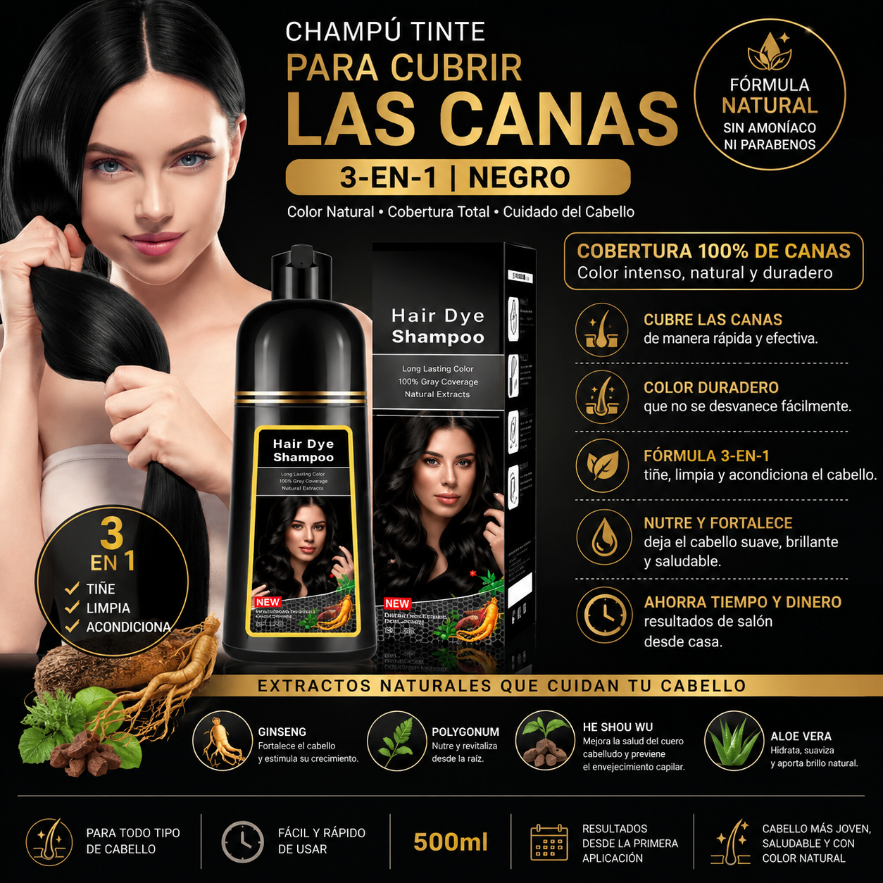 Champú Tinte 3 en 1 Negro | Cubre Canas al Instante 500ml ✨