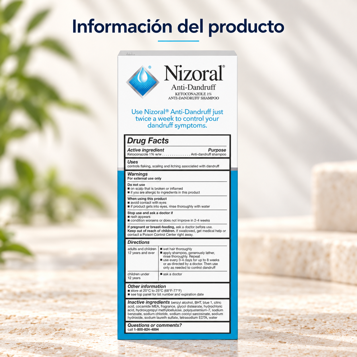 Caja de Nizoral con la información del envase: ingredientes, modo de uso y advertencias