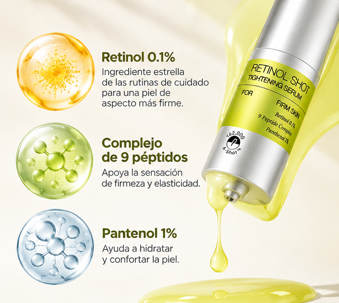 Beneficios del sérum reafirmante con retinol 0.1%, 9 péptidos y pantenol 1%