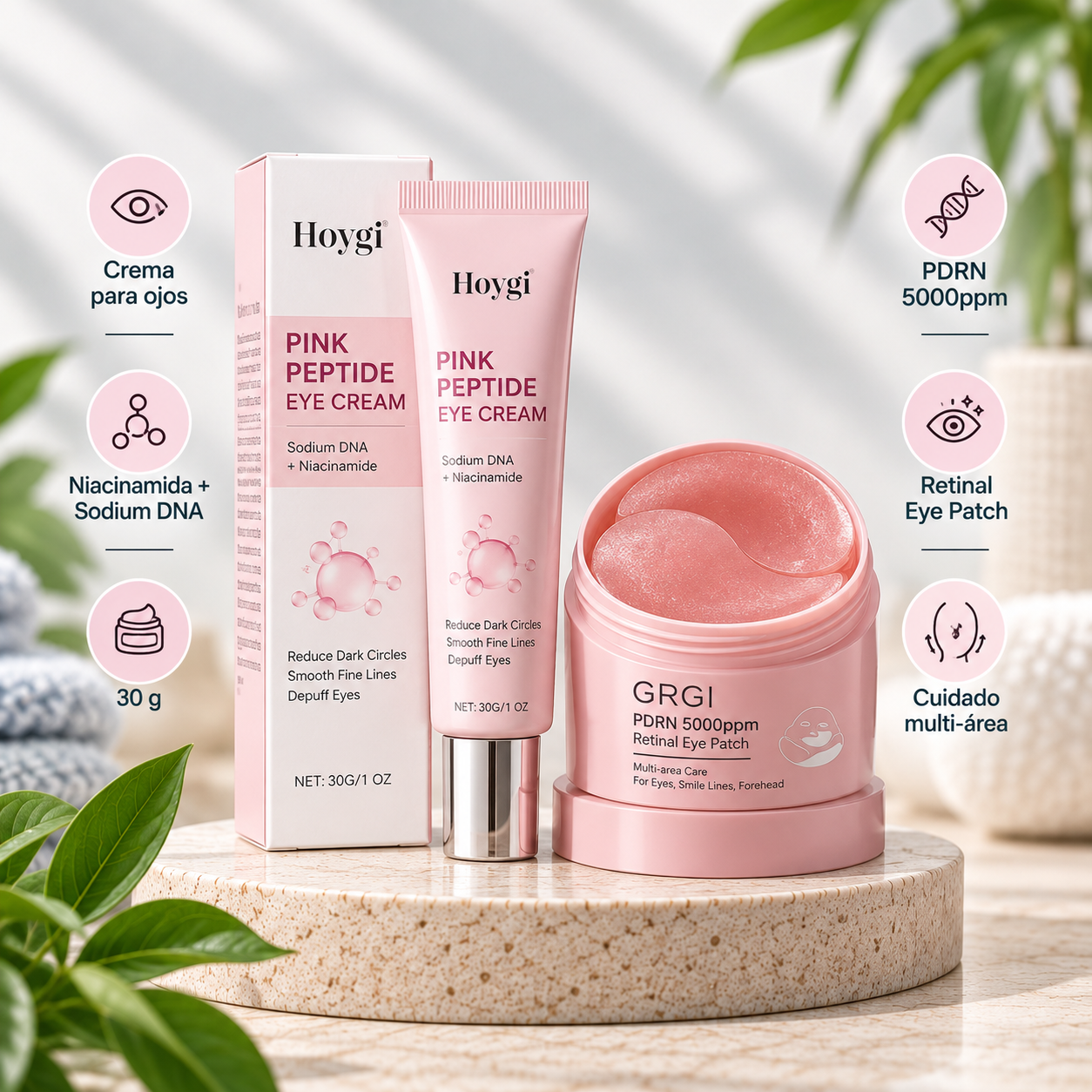 Crema para ojos Pink Peptide junto a los parches PDRN 5000ppm