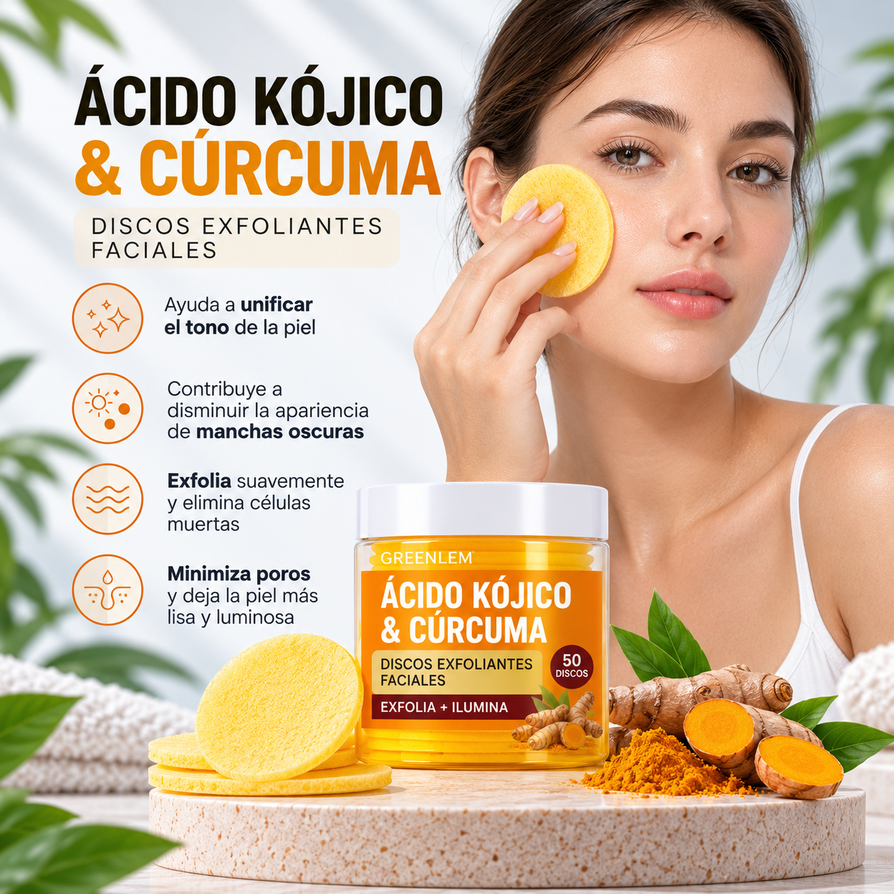 Discos exfoliantes faciales de ácido kójico y cúrcuma, presentación de 50 discos