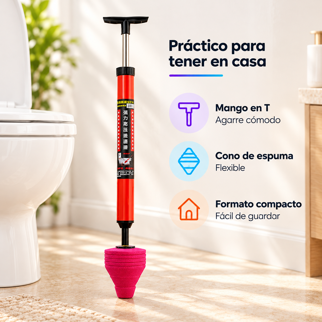 Desatascador rojo con cono de espuma flexible, mango en T y formato compacto