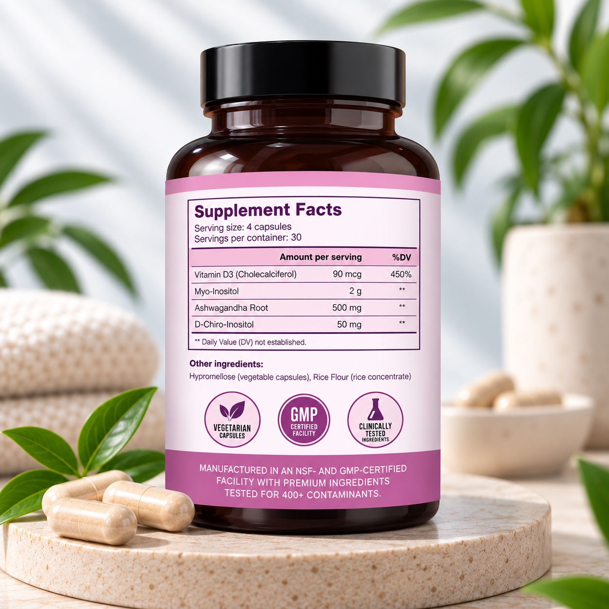 Etiqueta posterior con el panel de Supplement Facts de Myo & D-Chiro Inositol