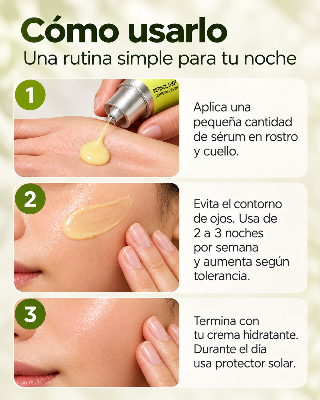 Guía nocturna de aplicación del sérum Retinol Shot