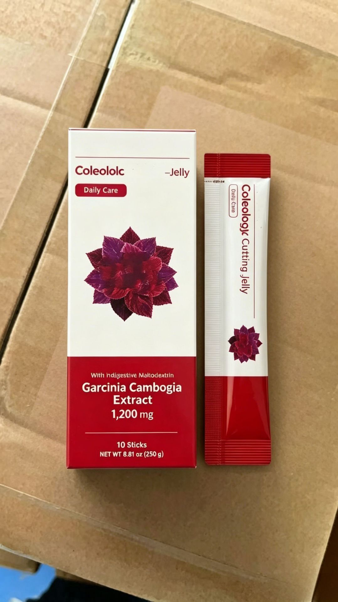 Foto real de la caja y un stick de Jelly de Garcinia Cambogia