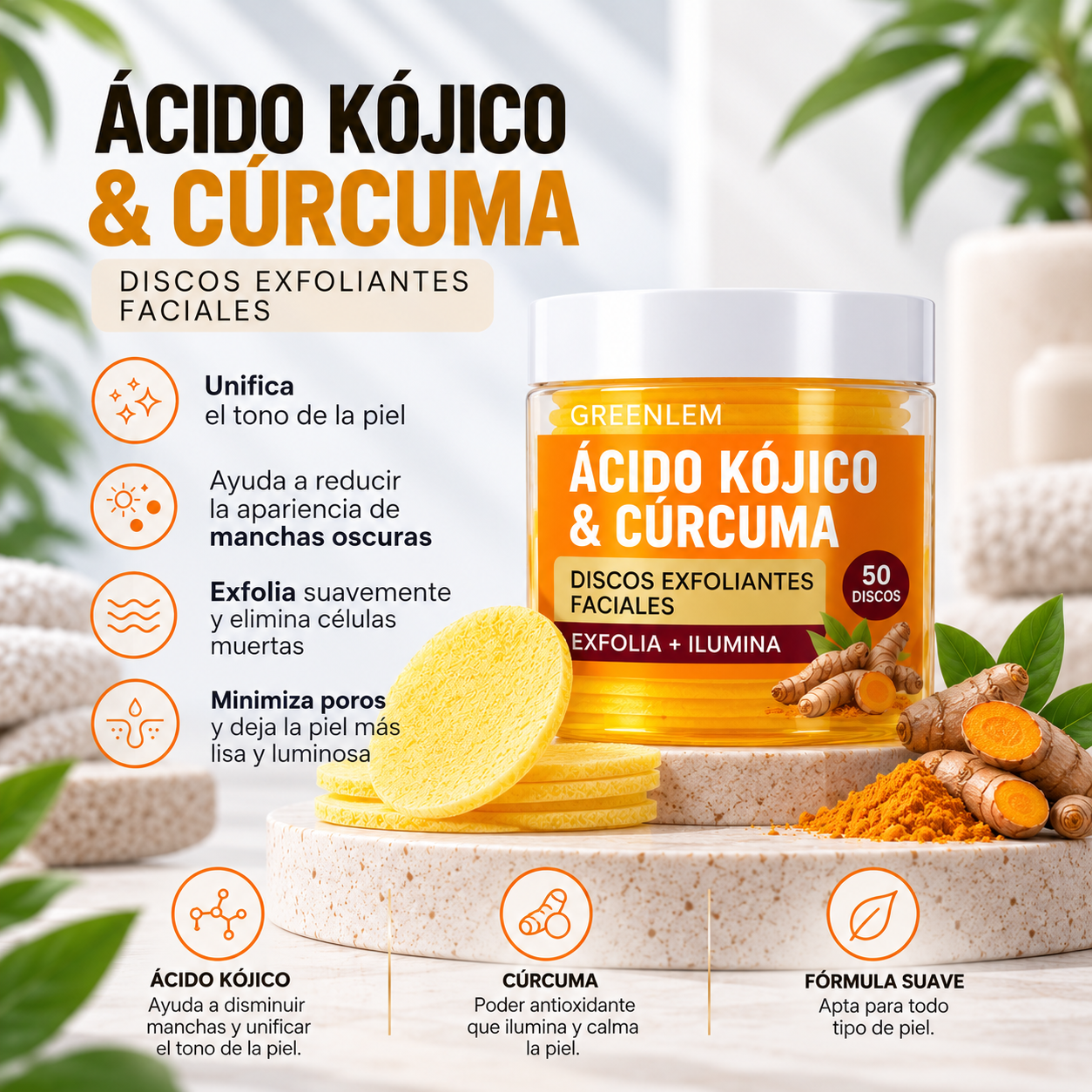 Envase de discos exfoliantes faciales de ácido kójico y cúrcuma