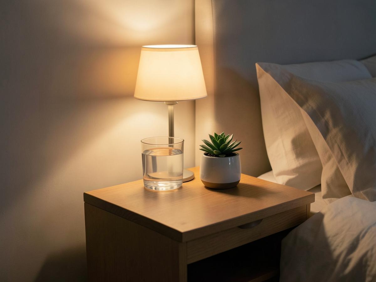 Mesa de noche con un vaso de agua y luz cálida