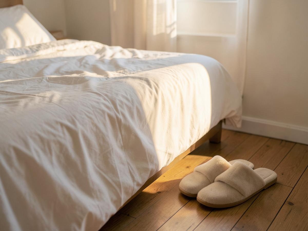 Habitación con luz de la mañana y pantuflas junto a la cama