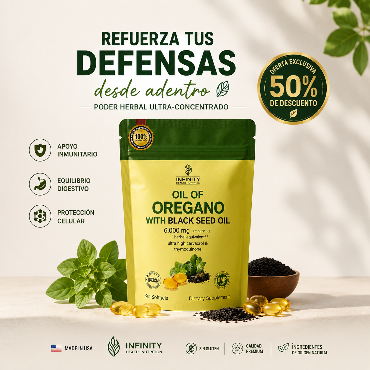 Aceite de Orégano + Black Seed Oil 90 Cápsulas Blanda