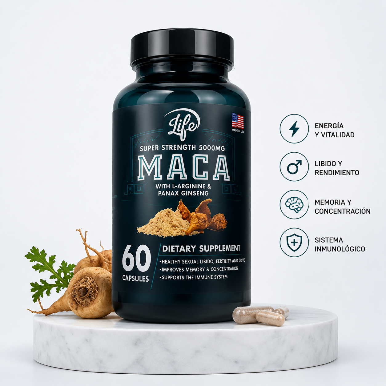 Maca 5000mg con L-Arginine & Panax Ginseng | Energía y Vitalidad 60 Cápsulas ⚡